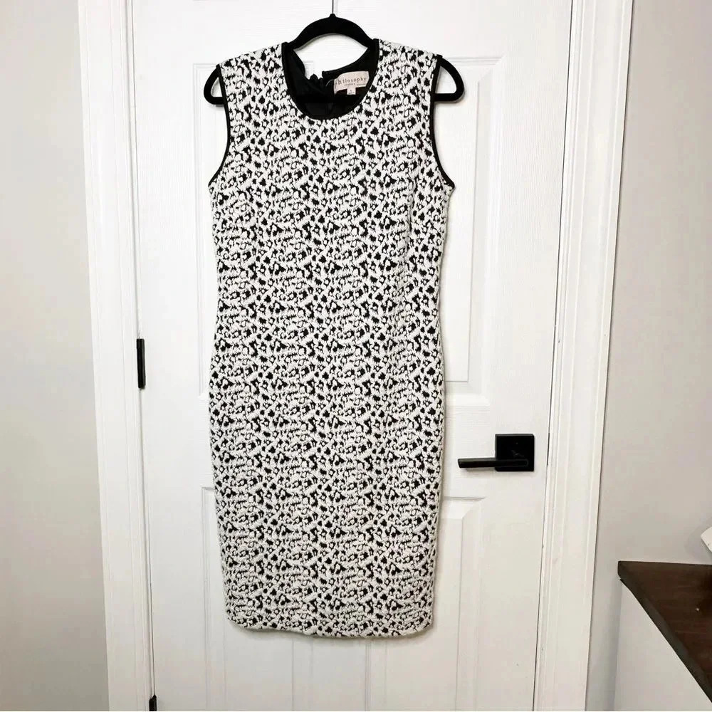PHILOSOPHY Dress Scoop Neck Sleeveless Sheath Black White Leopard Print Size L
